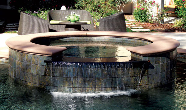 Spa Tiled Surround Waterfall Pool, Custom Pool, Inground Pools, Spas, Swimming Pools, The Clearwater Company, Columbia, SC
