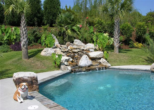 Rock Formation at Pool, Rock Waterfall, Custom Pool, Inground Pools, Spas, Swimming Pools, The Clearwater Company, Columbia, SC